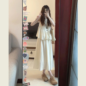 New Chinese -style two -piece round neck -necked sleeveless vest dress set female summer cold sensation Zen A -line long skirt
