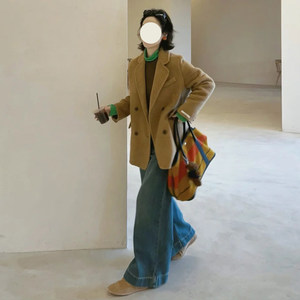 
Korean retro yellow suit wool coat for women in autumn and winter short high-end small loose wool coat