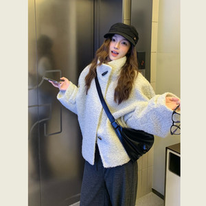 
Lazy white stand-up collar short woolen coat for women autumn and winter Korean style high-end temperament versatile woolen coat