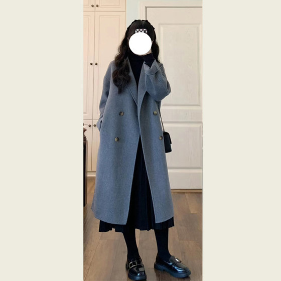 Autumn and winter Korean Hepburn style high -level sense of a small double buckle medium long loose woolen coat, woolen coat female
