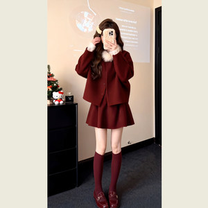 
New Year's wear red small fragrant two-piece set for women autumn and winter red short coat skirt woolen suit