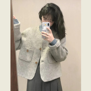 
French gray small fragrance wool coat for women in autumn and winter high-end small Hepburn style short wool top