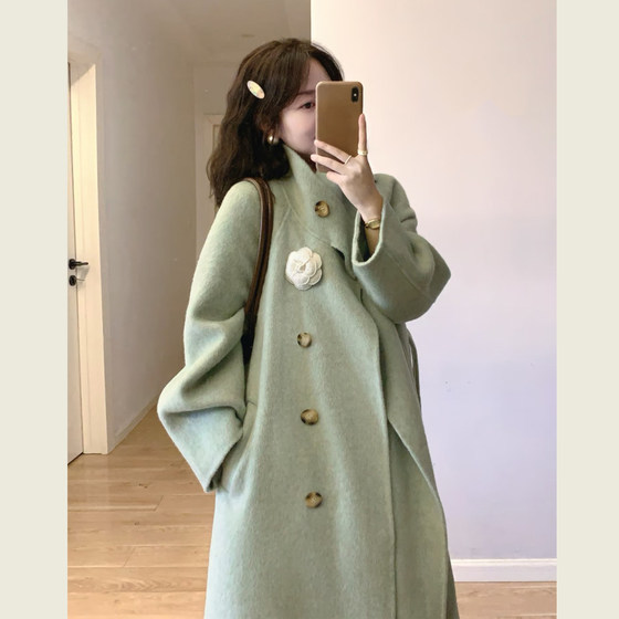 
Forest style retro green stand-collar woolen coat for women, autumn and winter Korean style loose, wide, slim, mid-length woolen coat