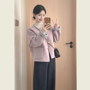 
Gentle style purple age-reducing woolen coat for women autumn and winter small Korean style lazy style short woolen coat