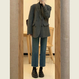 
Korean Hepburn style gray suit woolen coat autumn and winter high-end small short wool coat for women