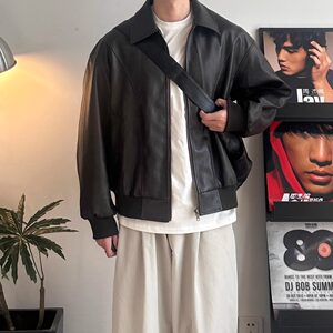 
WHICHONE American cleanfit retro lapel leather jacket men's brown PU motorcycle jacket casual jacket