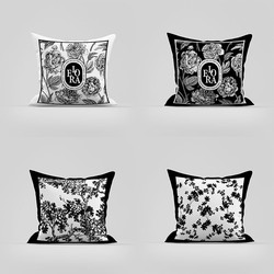 Black and White American Floral Geometric Pillow, Removable and Washable Short Plush Living Room Sofa Cushion, Bedside Cushion Cover