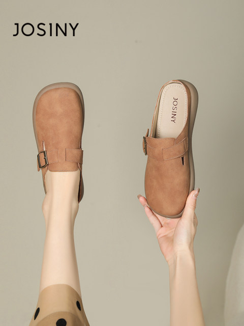 Zhuoshini leather-faced Birkenstock shoes for women 2025 summer new style bag-toe half-slippers wear versatile and one-foot-punch Muller-drag