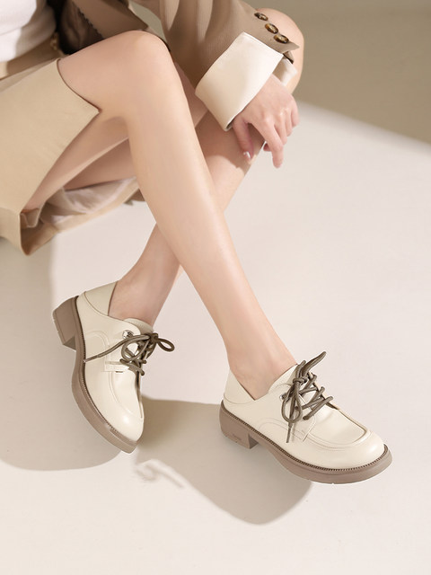 Zhuosini thick-soled leather shoes for women in 2025 autumn new British style versatile flat women's shoes round toe thick heels