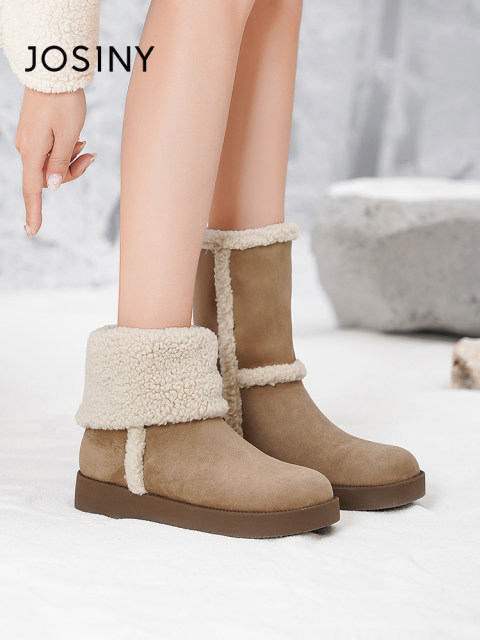 Zhuosini mid-tube snow boots for women brown thick-soled color-blocking boots 2025 new spring and autumn two-wear plus velvet boots for women