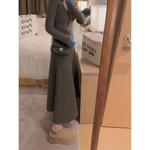 
Yukiss gray long wool plus velvet high waist fish tail skirt for women's winter Korean slim fit a-line skirt