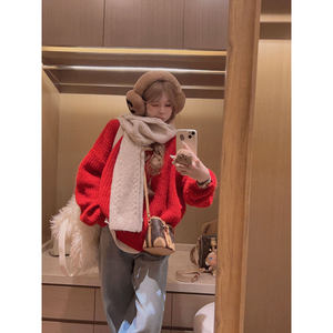 
Yukiss red soft waxy wool blended pullover sweater for women autumn and winter Korean style loose warm top