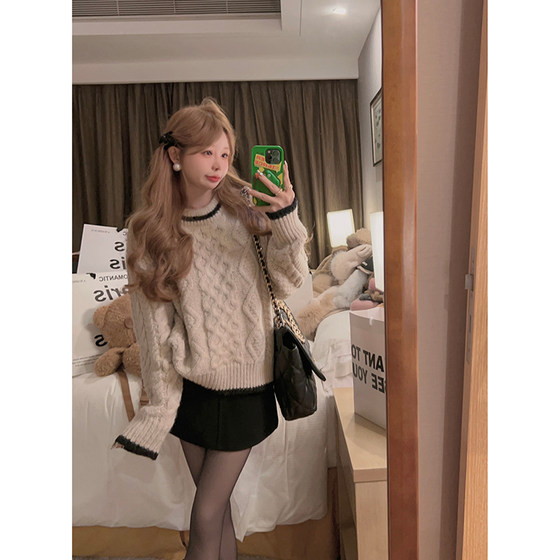 
Yukiss oatmeal beige retro college style prank sweater for women's winter round neck loose slim casual knitted sweater