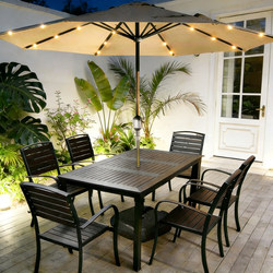 Outdoor Table and Chair Set with Umbrella for Patio, Leisure Plastic Wood Outdoor Umbrella for Open-Air Vendor Stalls, Garden Balcony Sunshade Umbrella