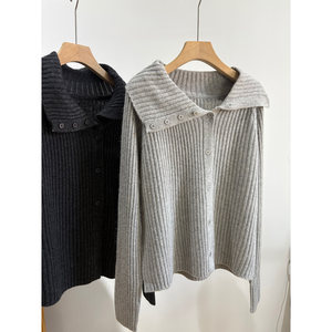 
Slant collar button design large lapel/pile collar gentle light gray slimming pit strip thin wool cardigan sweater