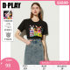 Dplay summer new black short -sleeved cartoon cat T -shirt loose casual female top
