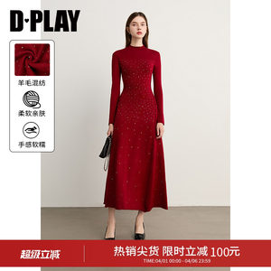 
DPLAY new winter red half-high collar knitted dress for women hot diamond long-sleeved long skirt