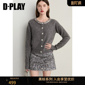 
DPLAY [Black Label] 2025 winter new gray diamond chain round neck temperament sweater for women