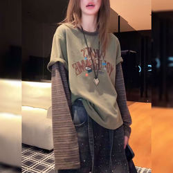 Fake Two-Piece Striped Color-Blocked Brushed Base Shirt for Women, 2025 Autumn and Winter New Versatile Loose T-Shirt Inner Top