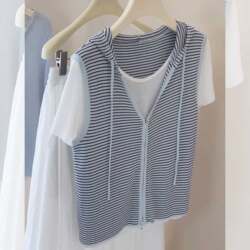 Striped Hooded Fake Two-Piece Short-Sleeved Knit Top for Women, Summer Loose T-Shirt, 2026 New Style, Age-Reducing Versatile Top