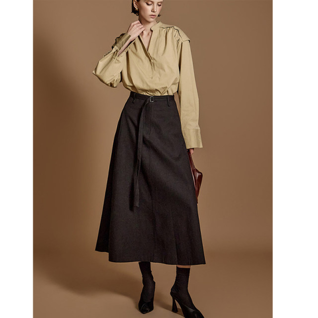 DINT Korean genuine purchasing agent direct mail fashion versatile two-side pocket high waist trumpet belt half-body long skirt SK2812
