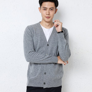 Men's soft glutinous long -sleeved knitted cardigan jacket sweater loose V -neck business casual versatile pure color outer coat

