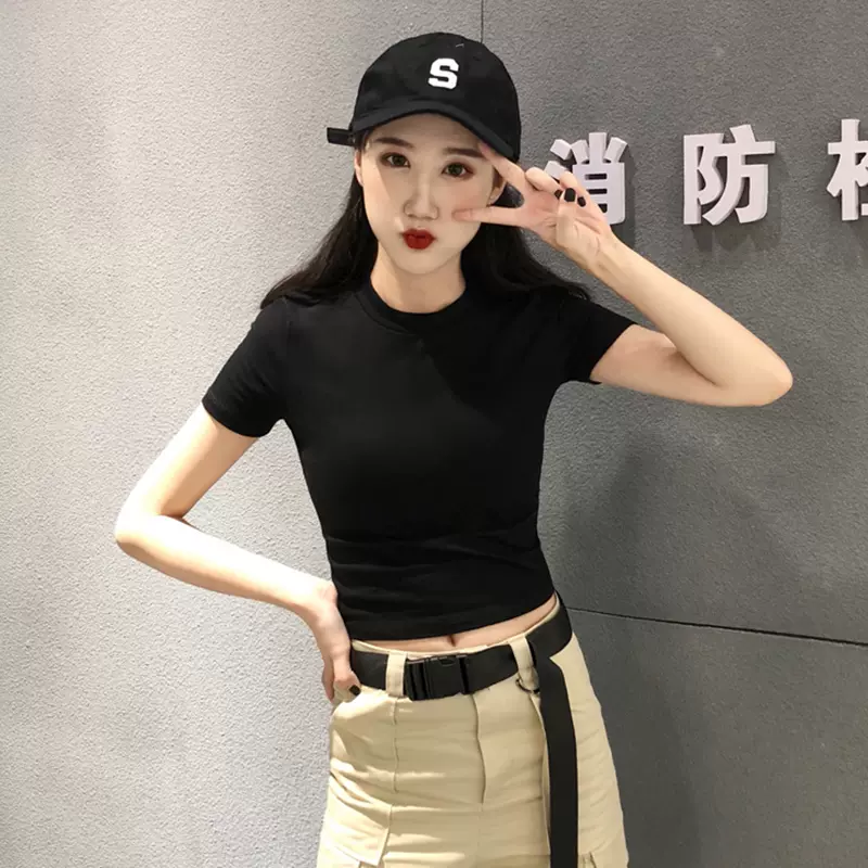 2023网红黑色t恤女短袖高腰短款露脐装纯棉半袖漏肚脐紧身上衣潮-Taobao