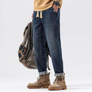 Pirate large size men's tide brand denim jeans spring and autumn loose tape rope tape tapered tapered small feet retro men's pants pants
