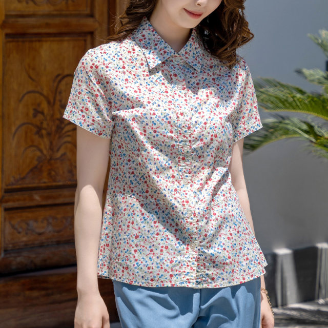 Fumu pure cotton short-sleeved shirt for women in summer florals and fresh shirt for summer clothes, small lapel tops for women in WZ1202-6N