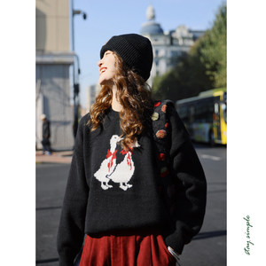 
Huaji B843 black cute little duck jacquard loose pullover sweater for women 2026 new autumn and winter top