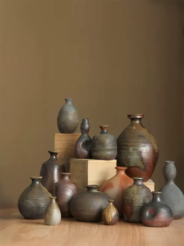 日本備前烧手作柴窑裸烧粗陶德利型小口花瓶日式清酒壶式插花器-Taobao 