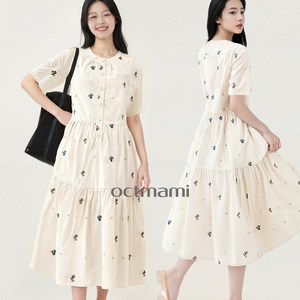 
October Mommy Pregnant Women Embroidered Short Sleeve Dress 2026 New Summer Outerwear Loose Chinese Short Sleeve Dress Summer Wear