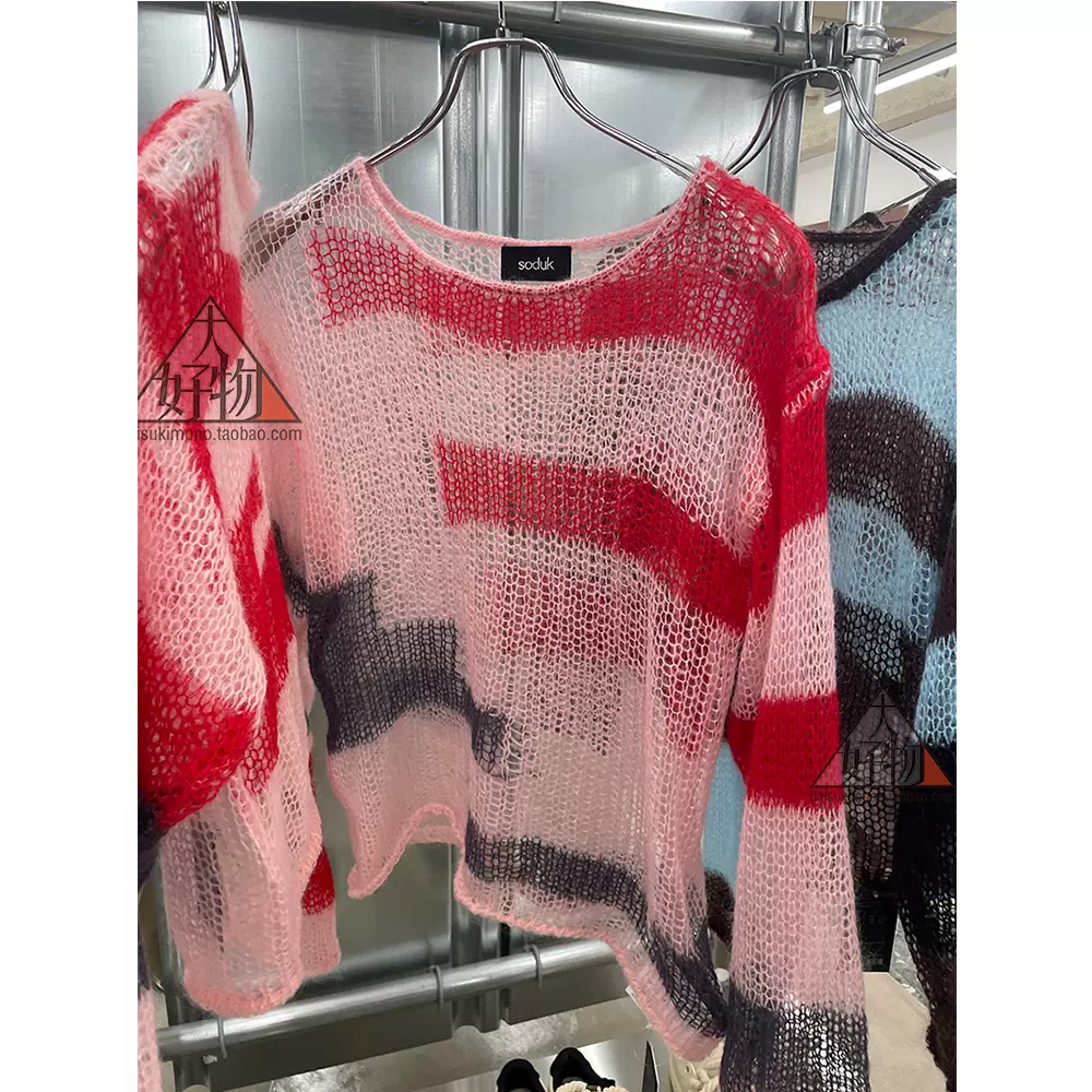 日本代购soduk patchwork knit tops 拼缝针织衫上衣套头女-Taobao