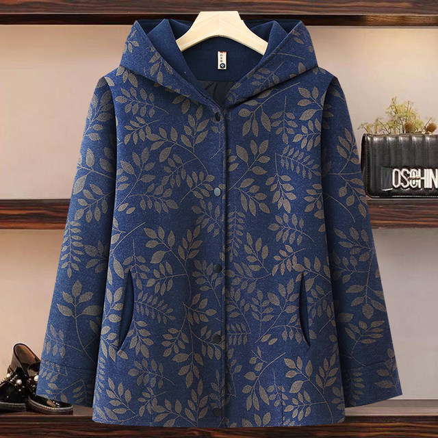 New Autumn Clothes Printed Mid-Length Woolen Coat Autumn and Winter Clothes Hooded Mom Casual Windbreaker 50 Years Old Large Size Jacket