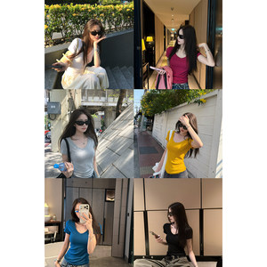 
superniniyy Nuojiji V-neck version/elastic fabric chao comfortable slimming short-sleeved T-shirt