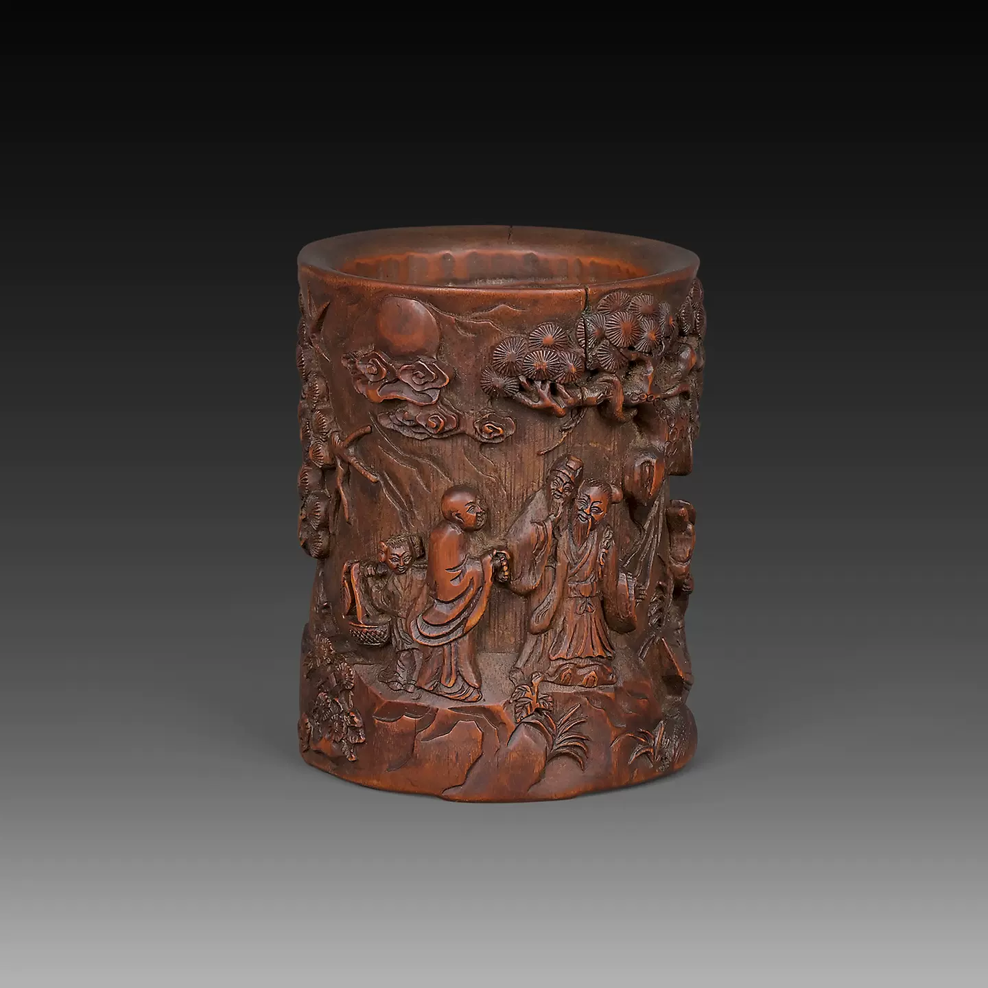 レトロ　竹彫 竹筆筒　置物　時代物 中国古玩 竹彫 筆筒 蛙竹 ▽文房筆筒書道具文房具筆 細工