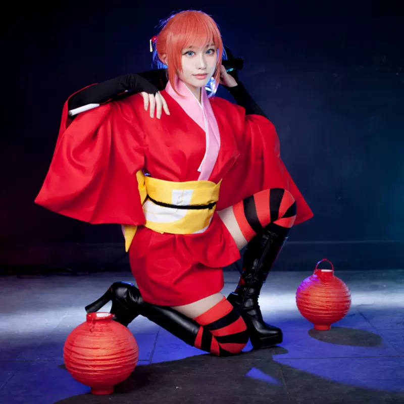 動漫銀魂吉原神樂cos服紅色和服女cosplay服裝假髮簪子筒襪傘現貨 Taobao