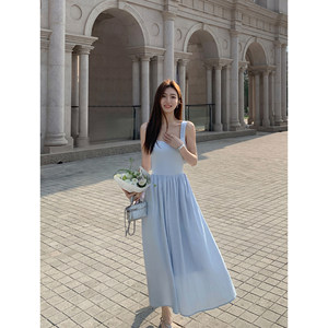 MULVAN white camisole dress for women's spring/summer French square neckline vest skirt with waistband and slim A-line patchwork long skirt