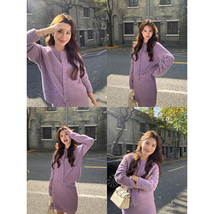 
MULVAN Soft Dream Minimalist Loose Round Neck Knitted Sweater Cardigan Women's A-line hip-hugging short skirt suit