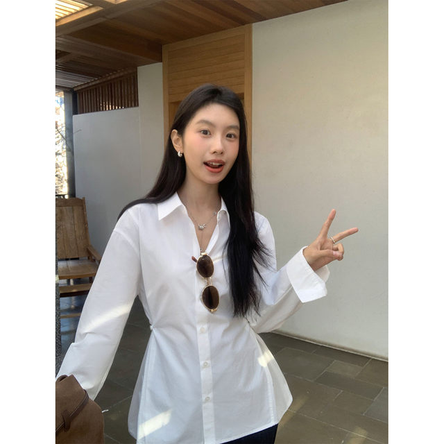 MULVAN white long-sleeved waist-closing shirt for women early spring high-end Korean casual shirt layered temperament top