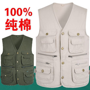 Pure cotton spring and autumn snap vest for men, middle-aged and elderly, multi-pocket vest, daddy horse clip V cardigan plus fat 7XL