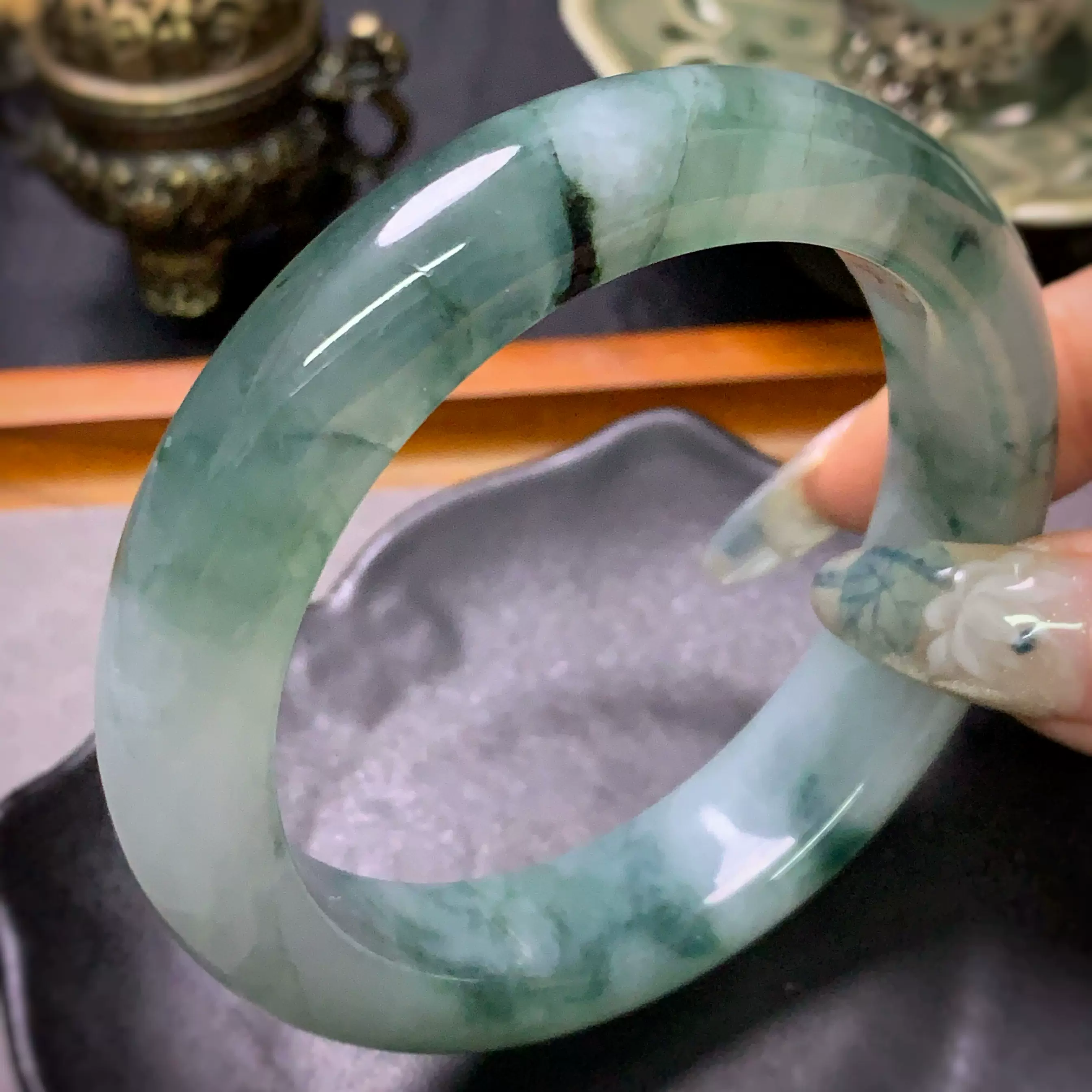 四姐妹国风百搭天然A类花青翡翠雕刻凤凰特色个性手镯内径57.5