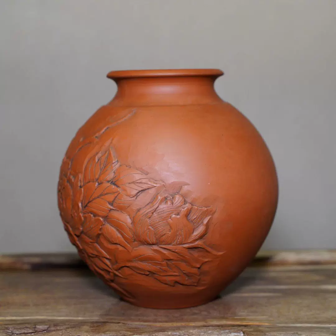 日本常滑烧都筑陶元陶涯合作老朱泥自然包浆雕刻花卉30年前花瓶