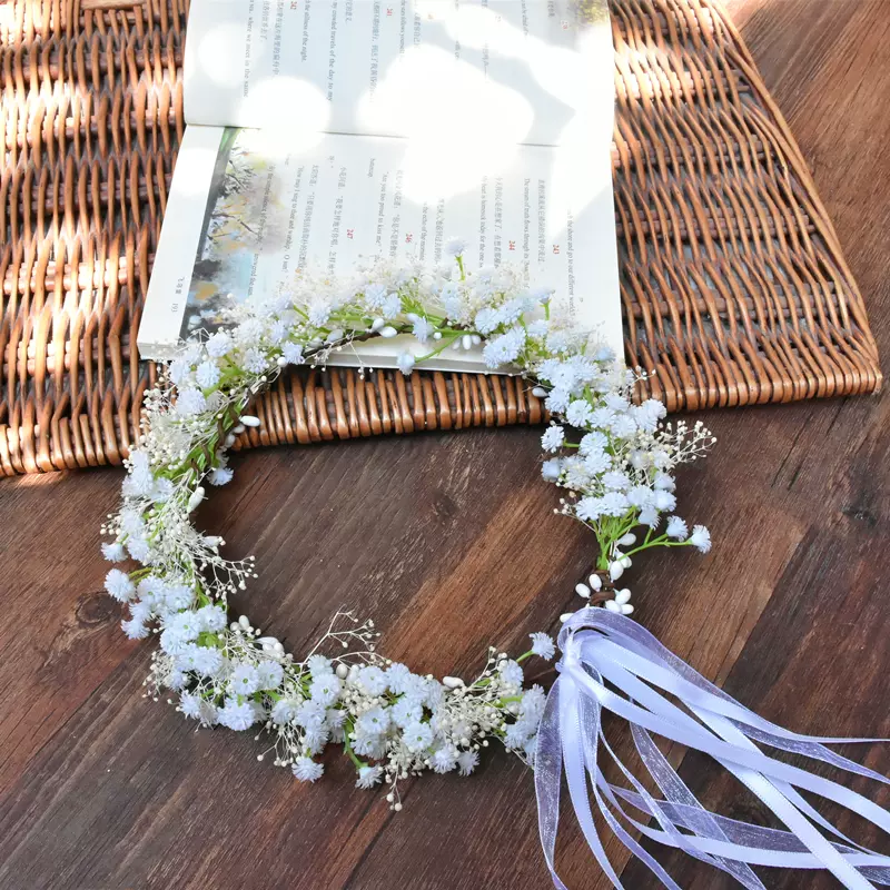 森系新娘头饰韩式永生花满天星花环花童走秀婚礼