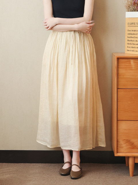 Elastic waist and gentle and versatile style summer double-layer A-line ramie skirt high waist covering flesh to make you look slim and big hem skirt