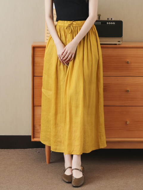 Elastic waist and gentle and versatile style summer double-layer A-line ramie skirt high waist covering flesh to make you look slim and big hem skirt