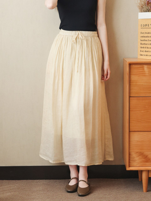 Elastic waist and gentle and versatile style summer double-layer A-line ramie skirt high waist covering flesh to make you look slim and big hem skirt