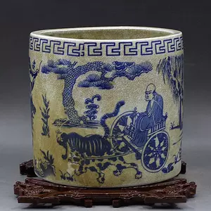 元代缠枝花卉鬼谷子下山图青花象耳瓶，郎世宁-精品绢本字画画心
