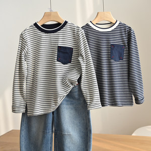 
32 children's pure cotton long-sleeved T-shirts, round neck striped base shirts for boys and girls, mid-to-big children's 180 spring and autumn children's clothing