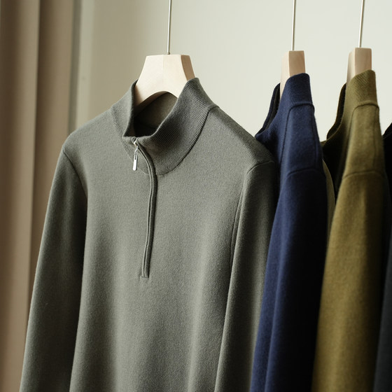Machine-washable mercerized wool sweater, men's half turtleneck sweater 48 double-strand four-stand sweater, autumn and winter style men's clothing